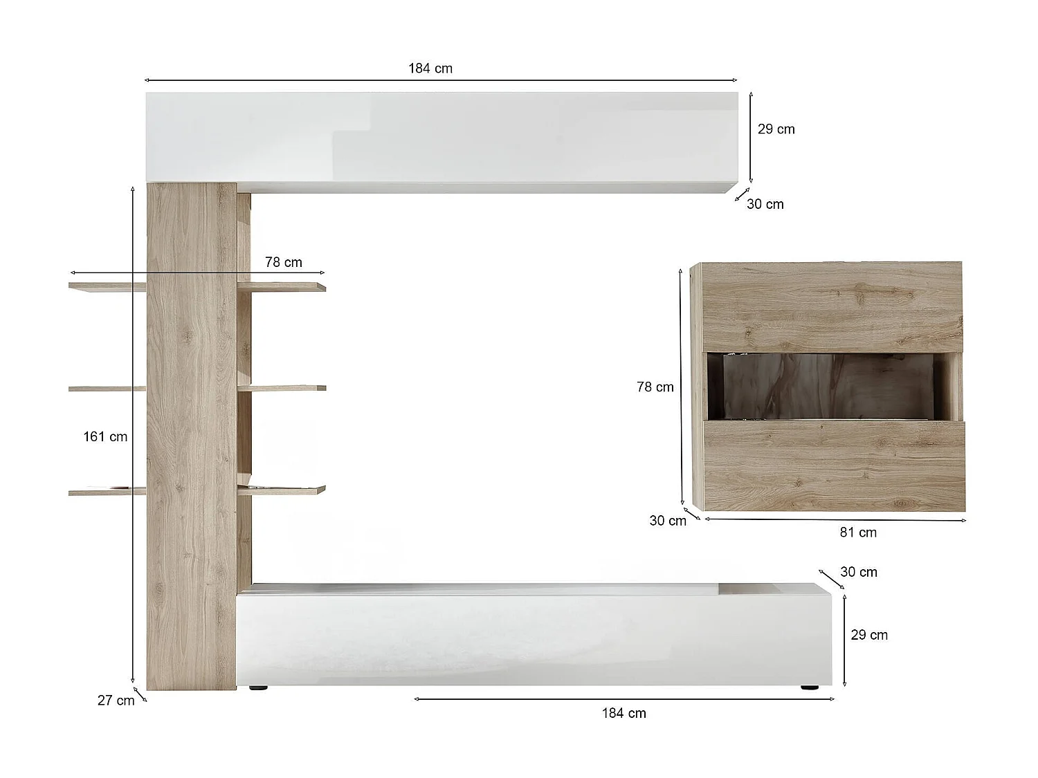 Parete Attrezzata Aragosta, Modulabile Made in Italy, 30x295x187h cm Bianco Lucido