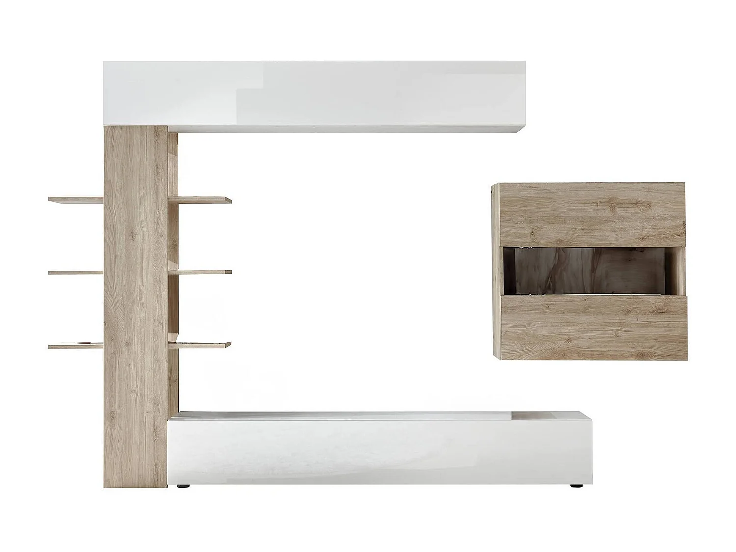 Meuble Mural Dbogdanovi, Composition du salon, Meubles de salon polyvalents, Meuble télé, Made in Italy, 295x30 h187 cm, Blanc brillant et Chêne clair