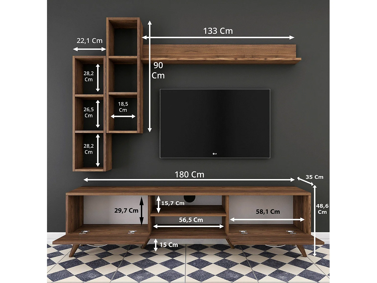 Sistema de parede Dmaragliul, Composição da sala, Mobiliário multiusos para sala, Móvel TV, 180x35 h49 cm, Nogueira