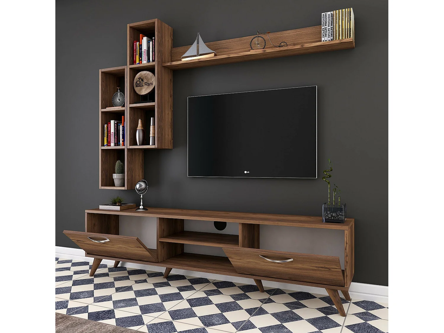 Sistema de parede Dmaragliul, Composição da sala, Mobiliário multiusos para sala, Móvel TV, 180x35 h49 cm, Nogueira