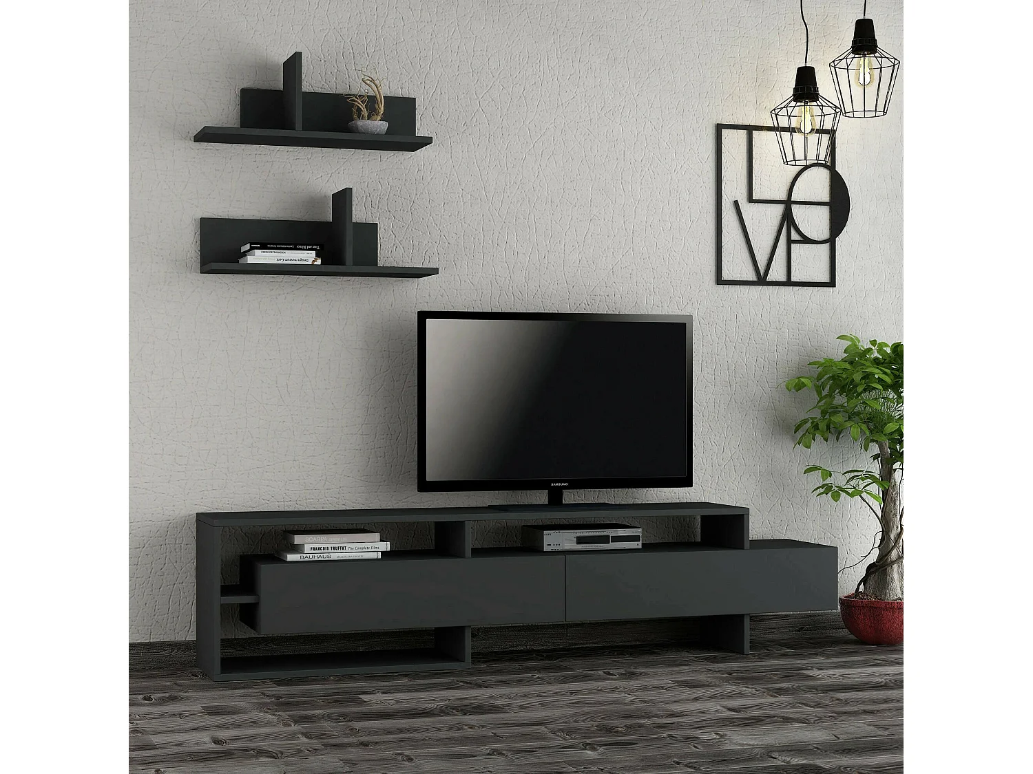 Meuble Mural Dodriozol, Composition du salon, Meubles de salon polyvalents, Meuble télé, 180x32 h42 cm, Anthracite