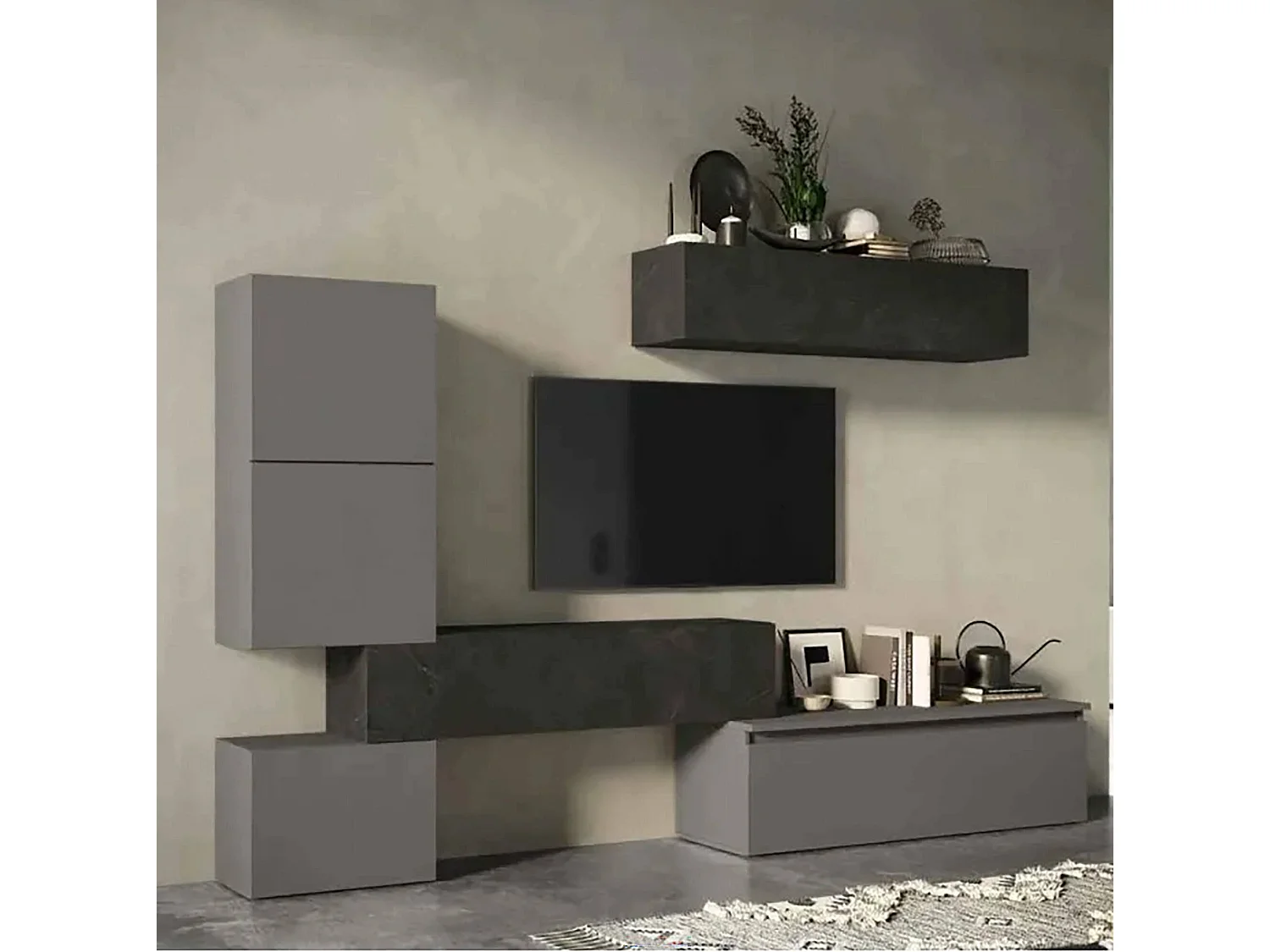 Sistema de parede Deubank, Composição da sala, Móveis multiusos para sala, Móvel de TV, Fabricado em Itália, 290x40 h190 cm, Ardósia e Cinza escuro