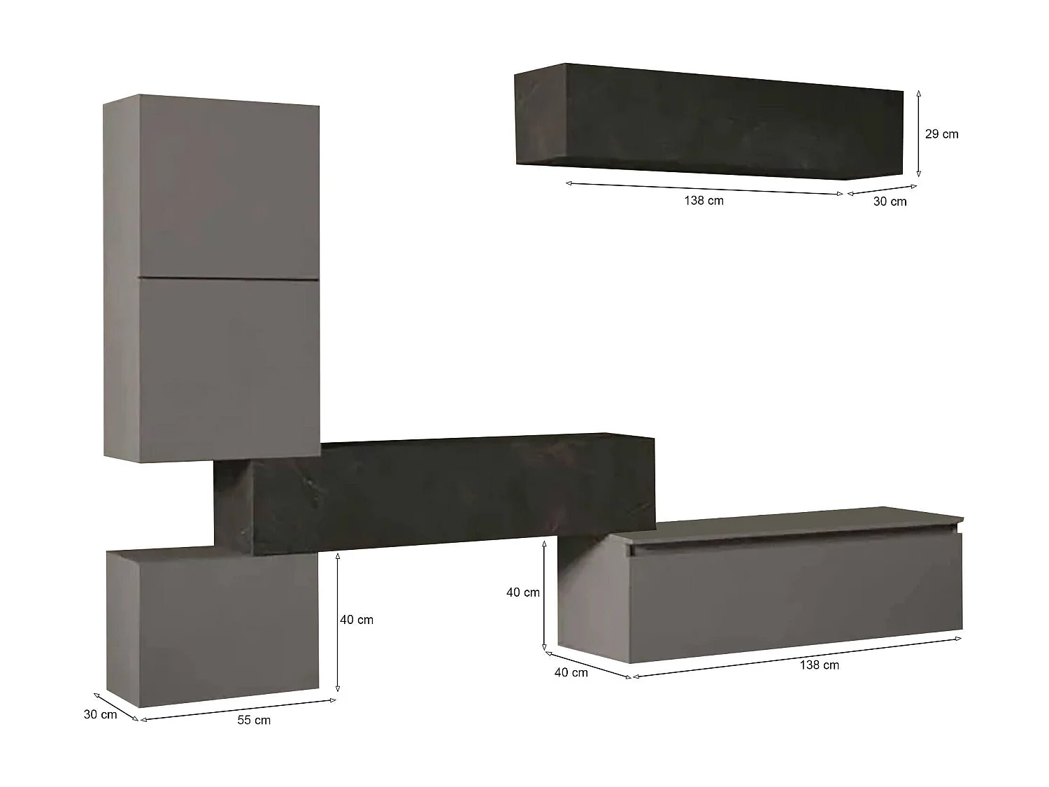 Sistema de parede Deubank, Composição da sala, Móveis multiusos para sala, Móvel de TV, Fabricado em Itália, 290x40 h190 cm, Ardósia e Cinza escuro