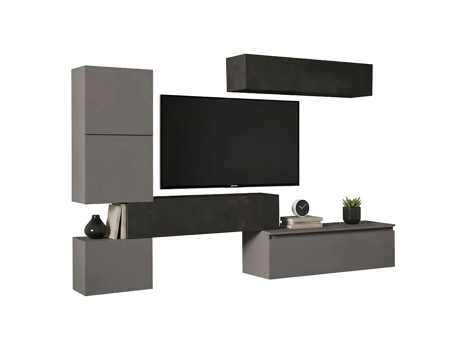 Sistema de parede Deubank, Composição da sala, Móveis multiusos para sala, Móvel de TV, Fabricado em Itália, 290x40 h190 cm, Ardósia e Cinza escuro