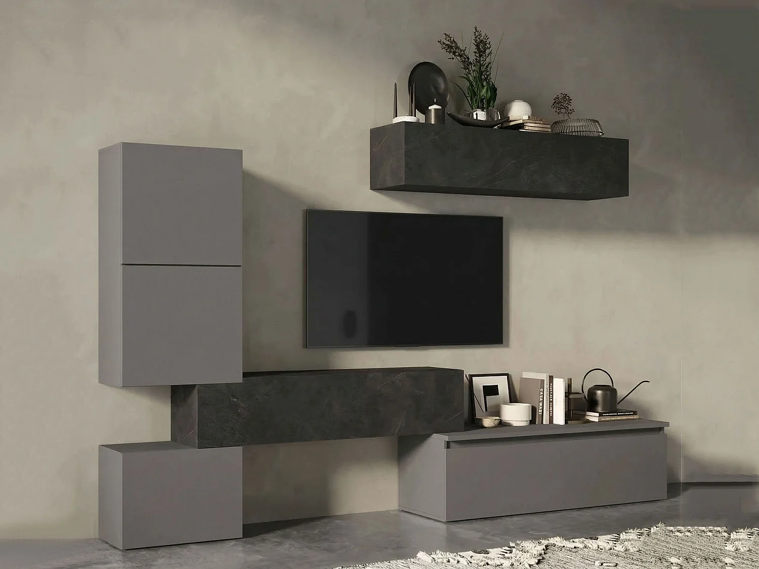 Sistema de parede Deubank, Composição da sala, Móveis multiusos para sala, Móvel de TV, Fabricado em Itália, 290x40 h190 cm, Ardósia e Cinza escuro
