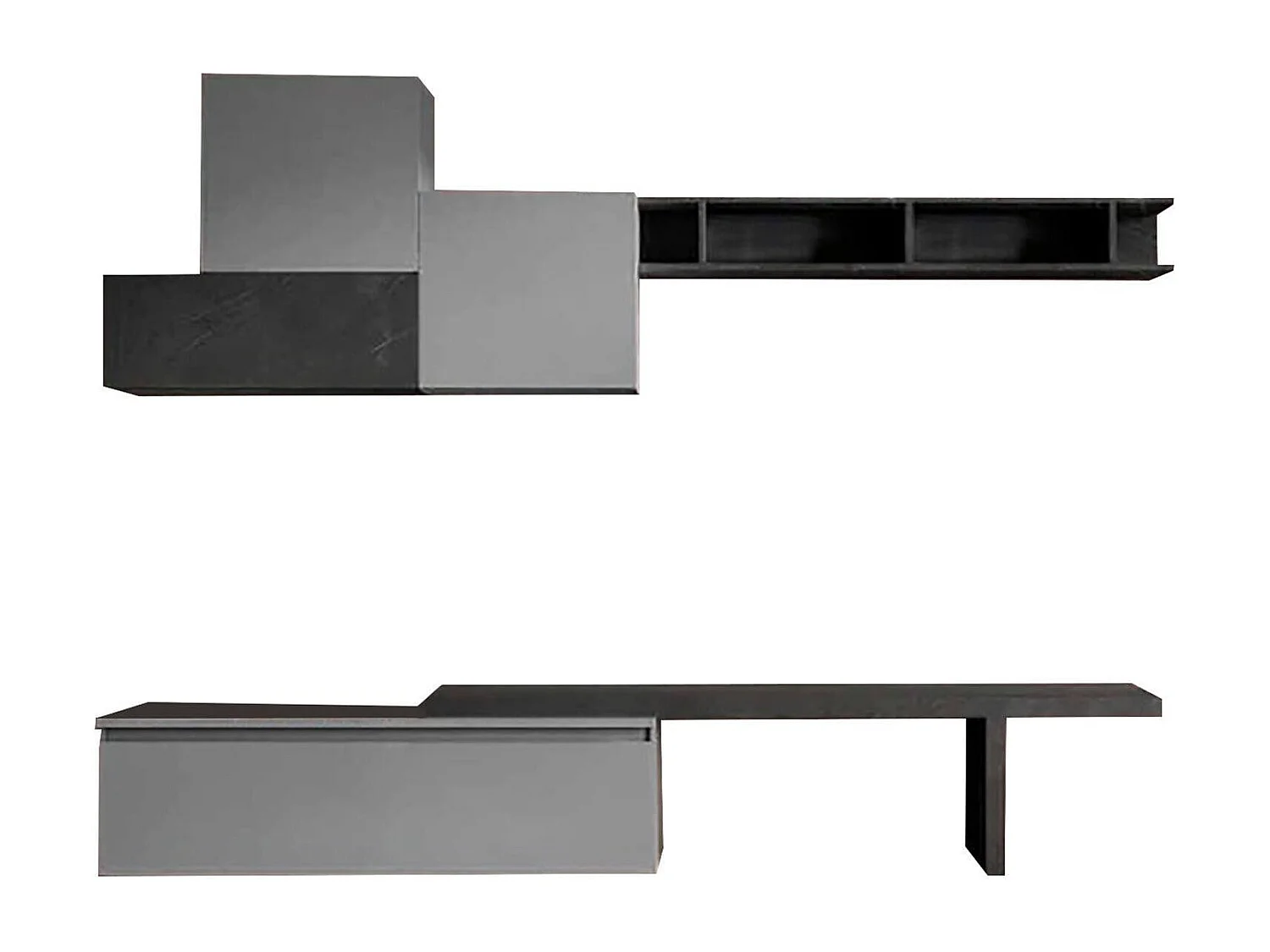 Wohnzimmermöbel Dhaywar, Modulares Wohnzimmerset, Mehrzweck-Wohnzimmermöbel, TV-Schrank, Made in Italy, 262x40 h189 cm, Schiefer und Dunkelgrau