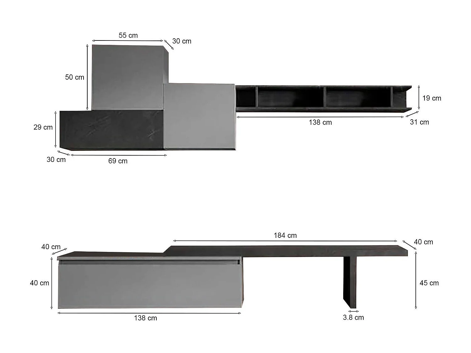 Wohnzimmermöbel Dhaywar, Modulares Wohnzimmerset, Mehrzweck-Wohnzimmermöbel, TV-Schrank, Made in Italy, 262x40 h189 cm, Schiefer und Dunkelgrau