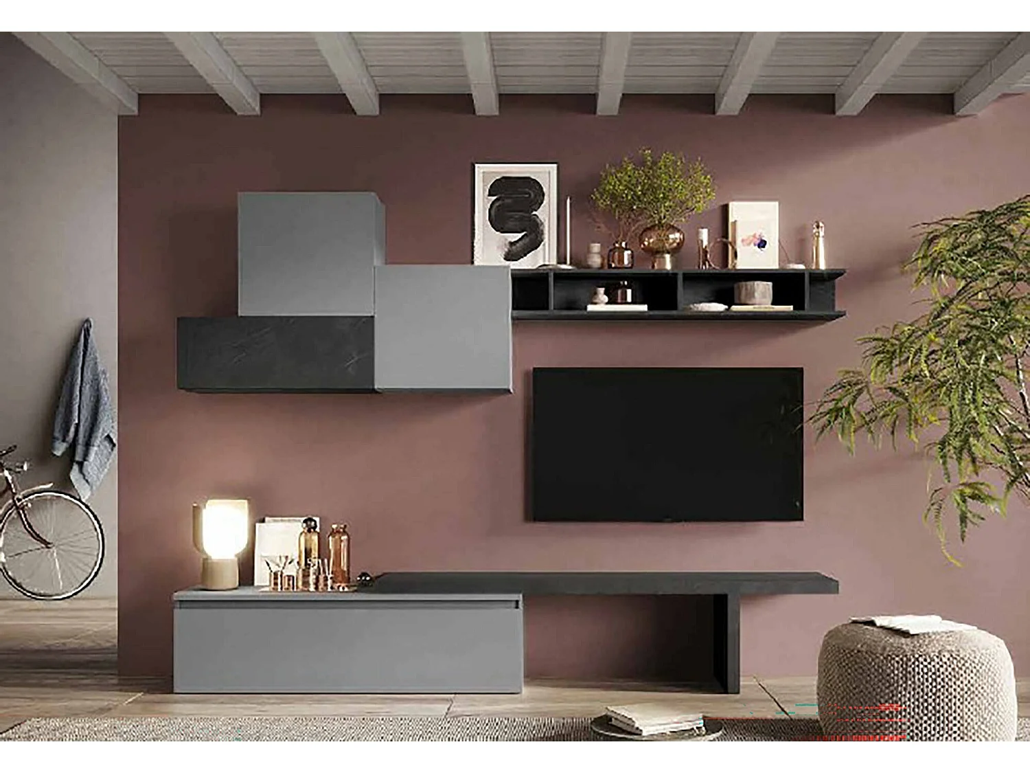 Wohnzimmermöbel Dhaywar, Modulares Wohnzimmerset, Mehrzweck-Wohnzimmermöbel, TV-Schrank, Made in Italy, 262x40 h189 cm, Schiefer und Dunkelgrau