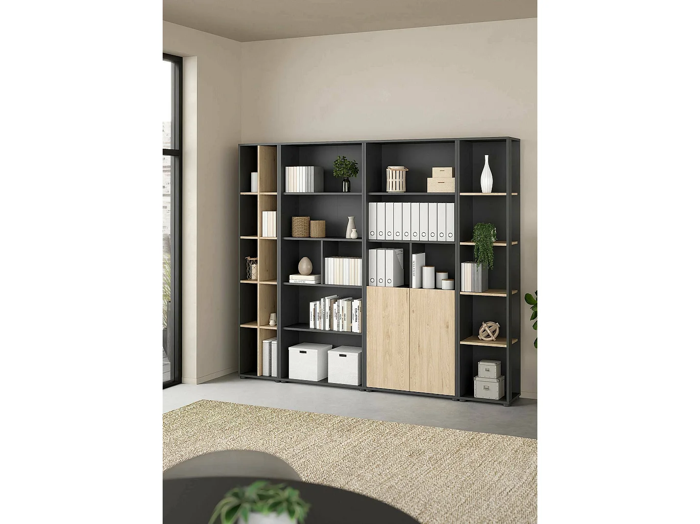 Dtomeazz wandsysteem, Samenstelling woonkamer, Multifunctioneel woonkamermeubilair, TV-kast, 241x34 h205 cm, Eiken en Grijs