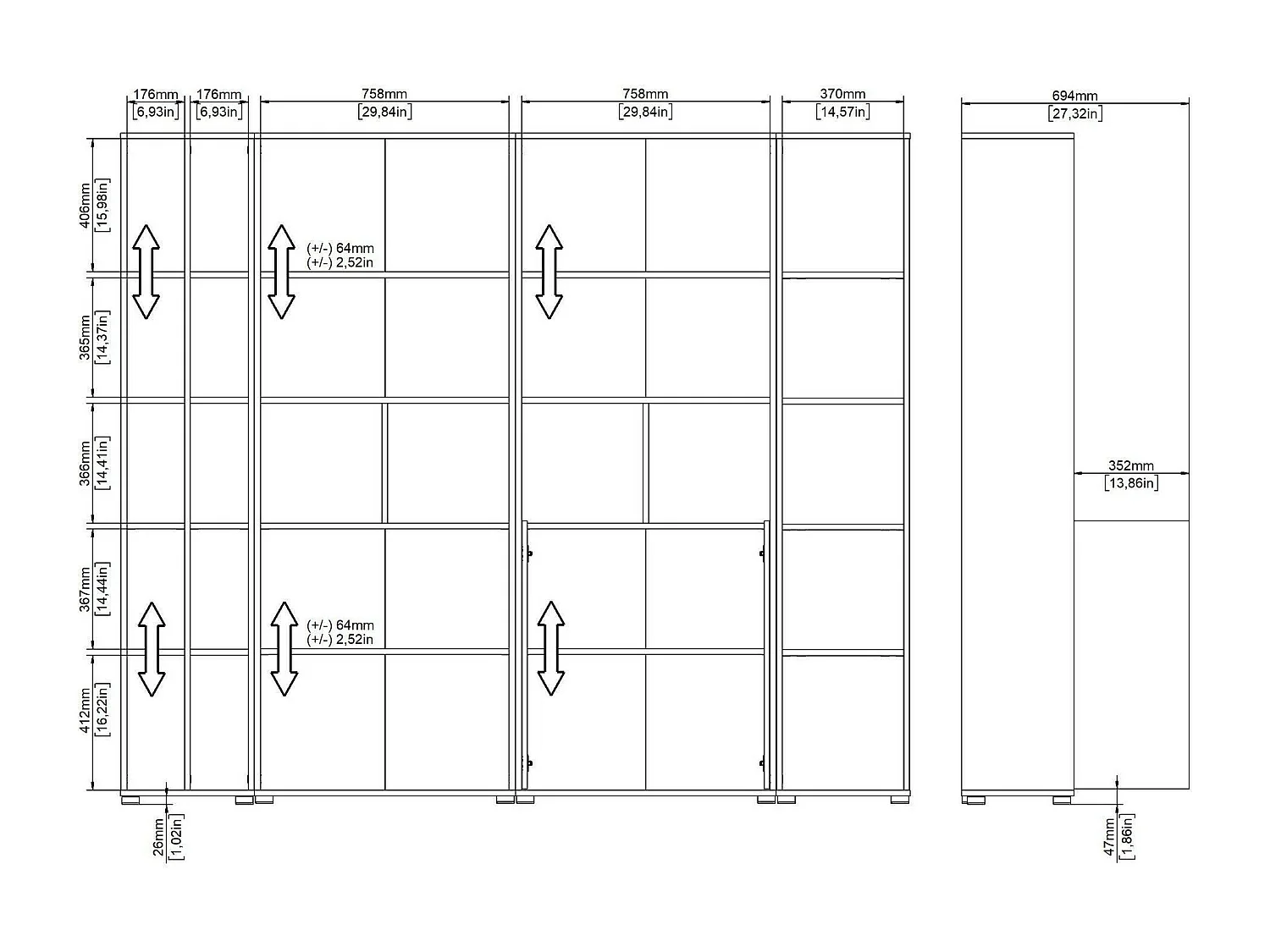 Dtomeazz wandsysteem, Samenstelling woonkamer, Multifunctioneel woonkamermeubilair, TV-kast, 241x34 h205 cm, Eiken en Grijs