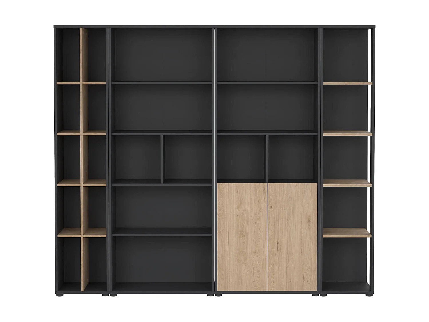 Dtomeazz wandsysteem, Samenstelling woonkamer, Multifunctioneel woonkamermeubilair, TV-kast, 241x34 h205 cm, Eiken en Grijs