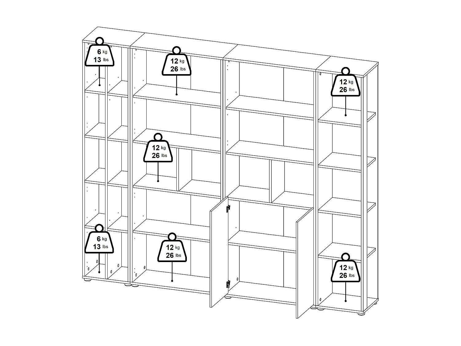 Dtomeazz wandsysteem, Samenstelling woonkamer, Multifunctioneel woonkamermeubilair, TV-kast, 241x34 h205 cm, Eiken en Grijs