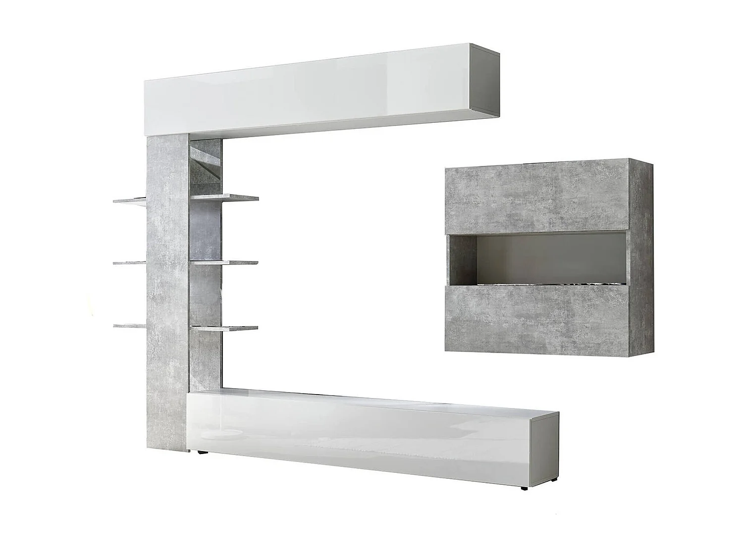 Meuble Mural Dbogdanovi, Composition du salon, Meubles de salon polyvalents, Meuble télé, Made in Italy, 295x30 h187 cm, Blanc brillant et ciment