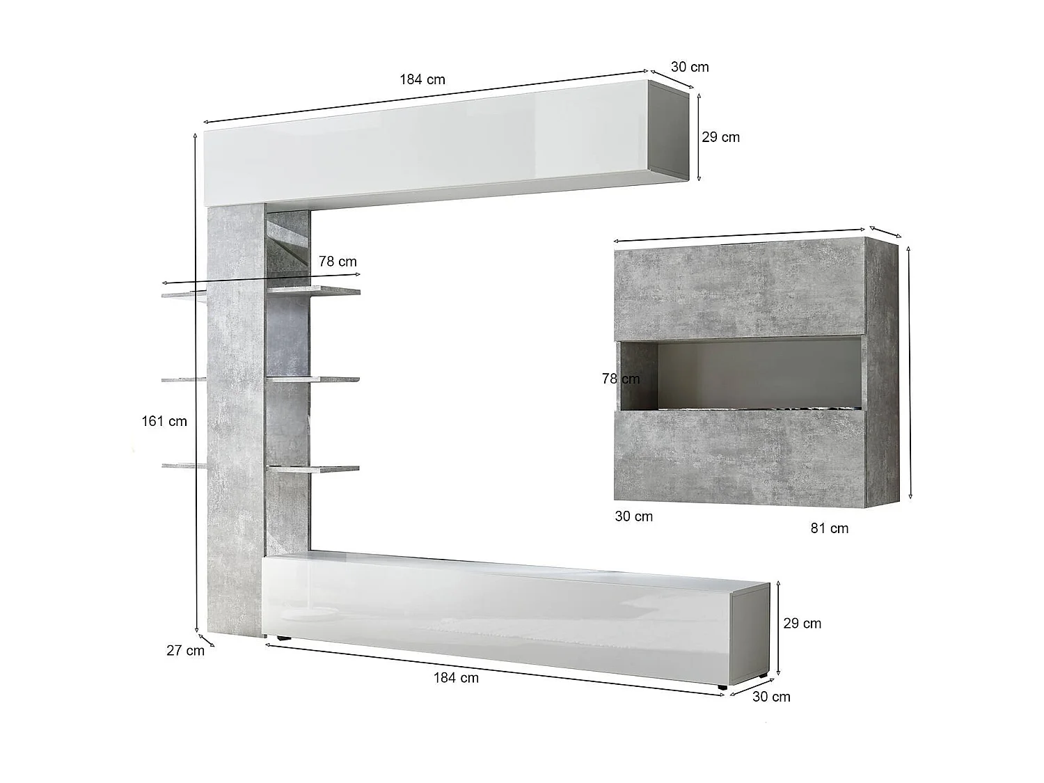 Meuble Mural Dbogdanovi, Composition du salon, Meubles de salon polyvalents, Meuble télé, Made in Italy, 295x30 h187 cm, Blanc brillant et ciment