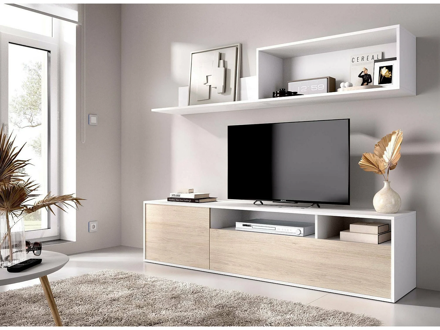 Dgriffi wandsysteem, Samenstelling woonkamer, Multifunctioneel woonkamermeubilair, TV-kast, 180x35 h44 cm, Wit en Eiken