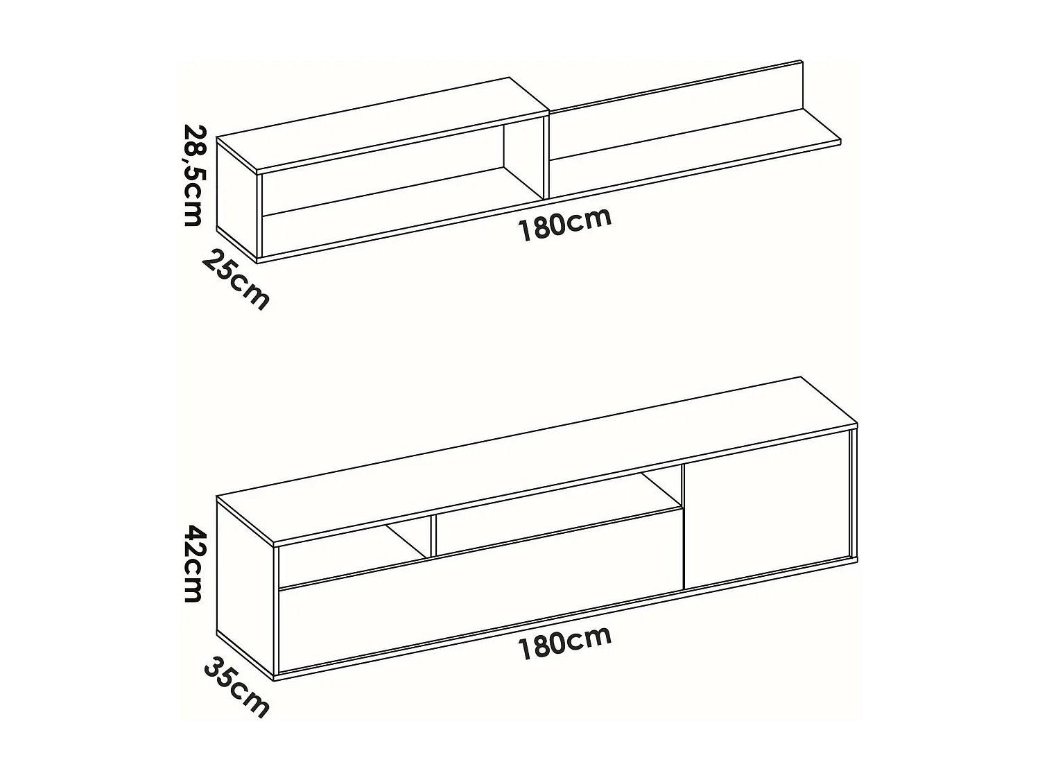 Dgriffi wandsysteem, Samenstelling woonkamer, Multifunctioneel woonkamermeubilair, TV-kast, 180x35 h44 cm, Wit en Eiken
