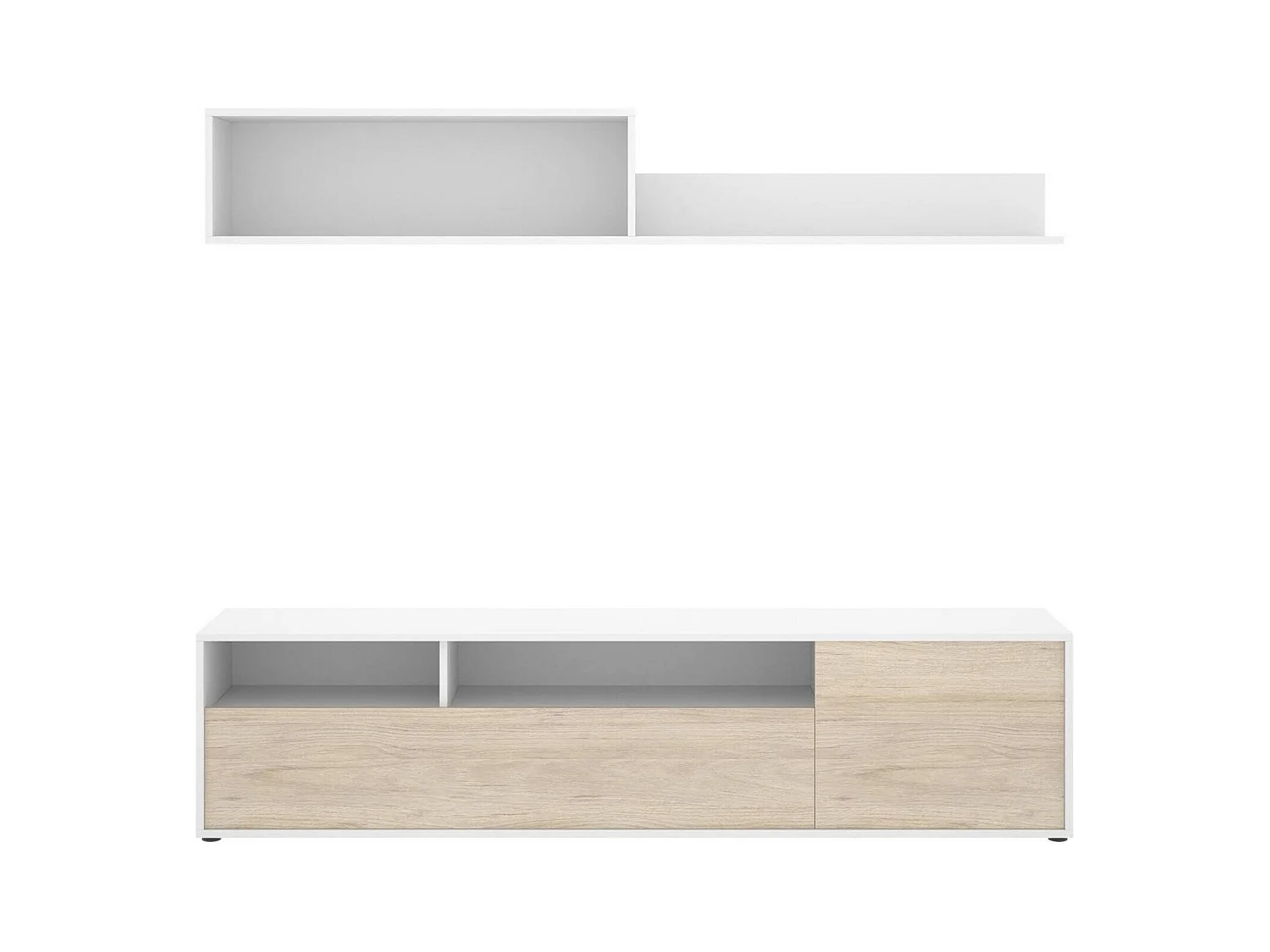 Meuble Mural Dgriffi, Composition du salon, Meubles de salon polyvalents, Meuble télé, 180x35 h44 cm, Blanc et Chêne clair