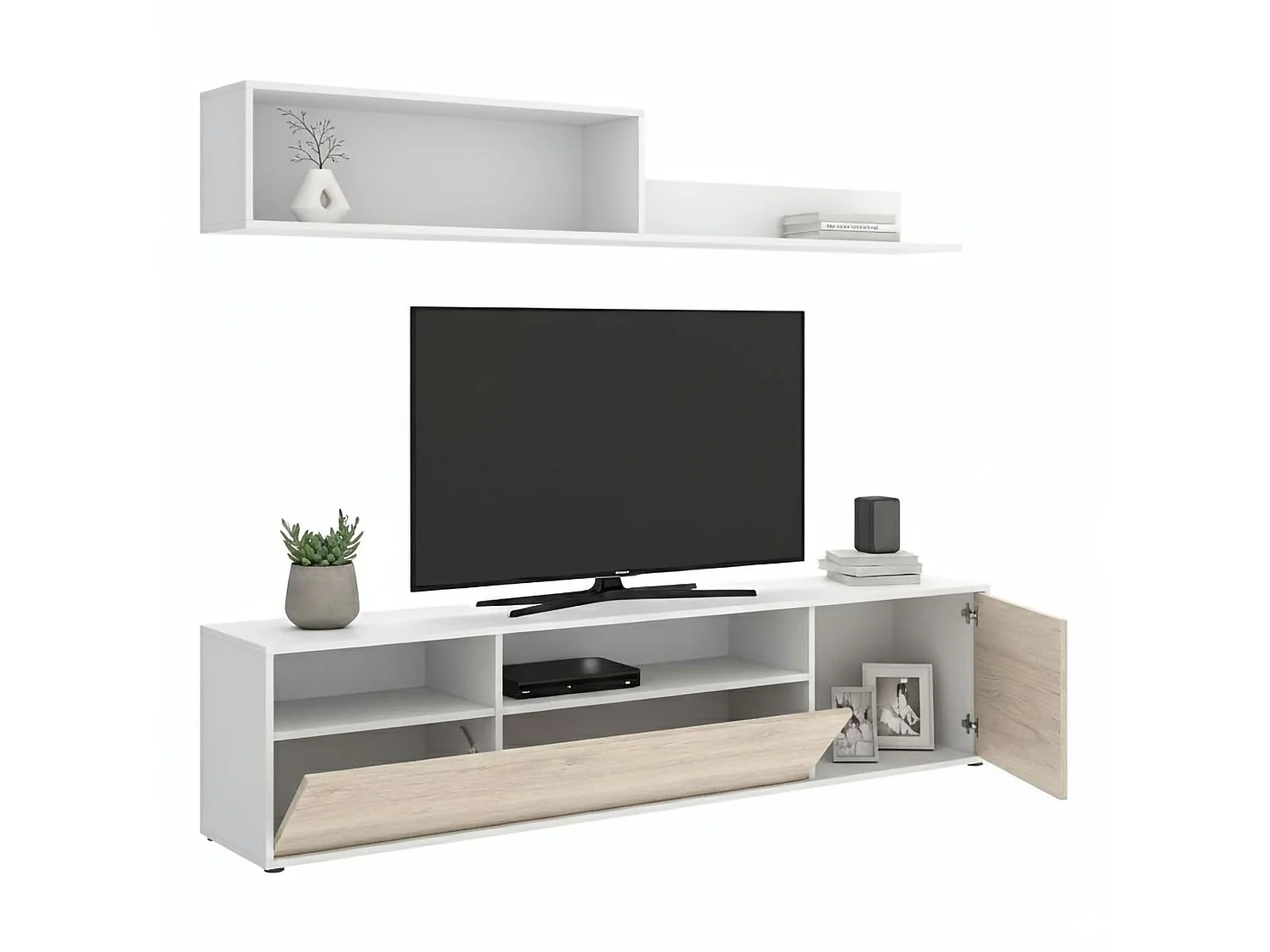 Wohnzimmermöbel Dgriffi, Modulares Wohnzimmerset, Mehrzweck-Wohnzimmermöbel, Moderner TV-Schrank, 180x35 h44 cm, WeiÃŸ und Eiche