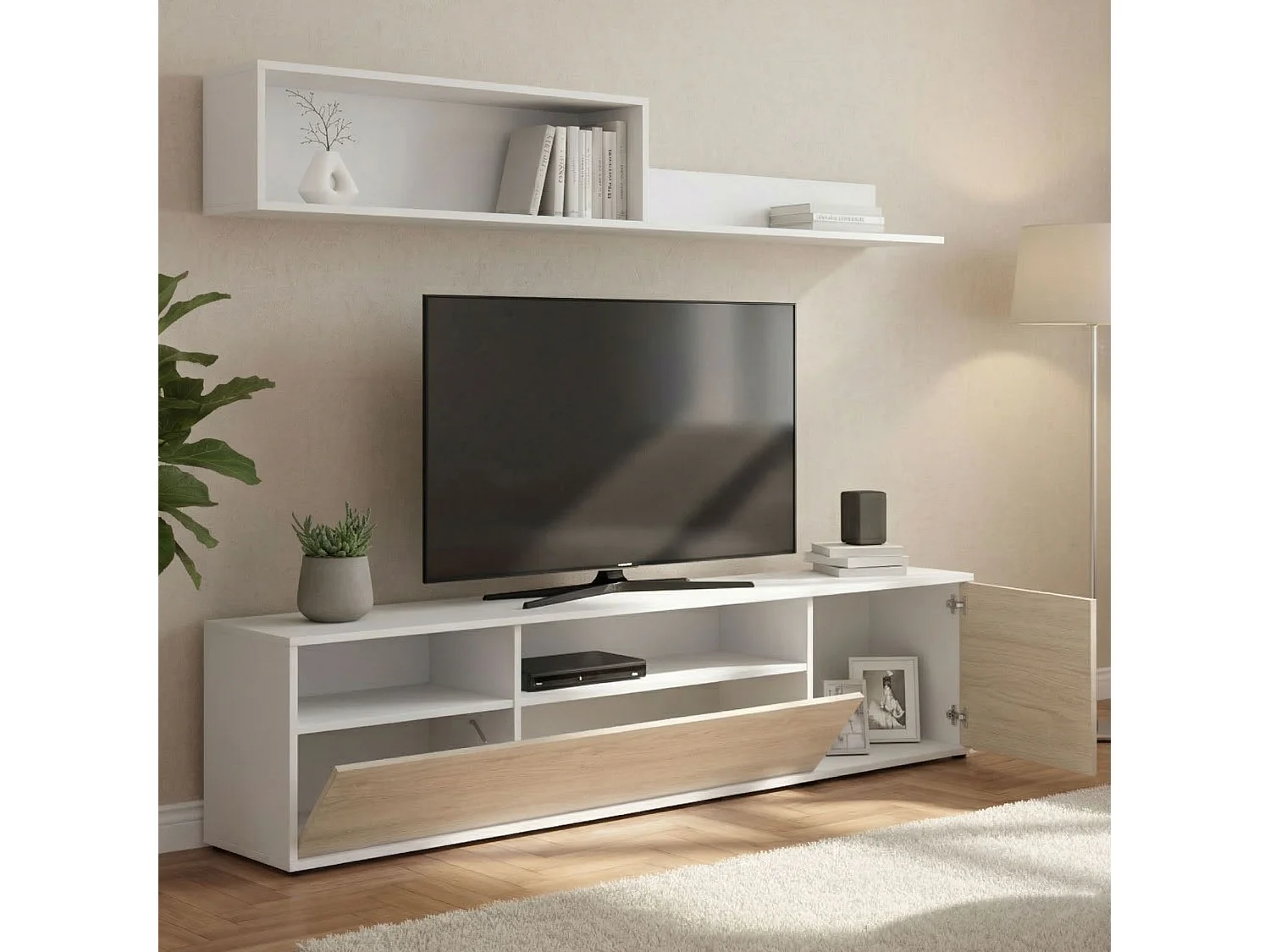 Wohnzimmermöbel Dgriffi, Modulares Wohnzimmerset, Mehrzweck-Wohnzimmermöbel, Moderner TV-Schrank, 180x35 h44 cm, WeiÃŸ und Eiche