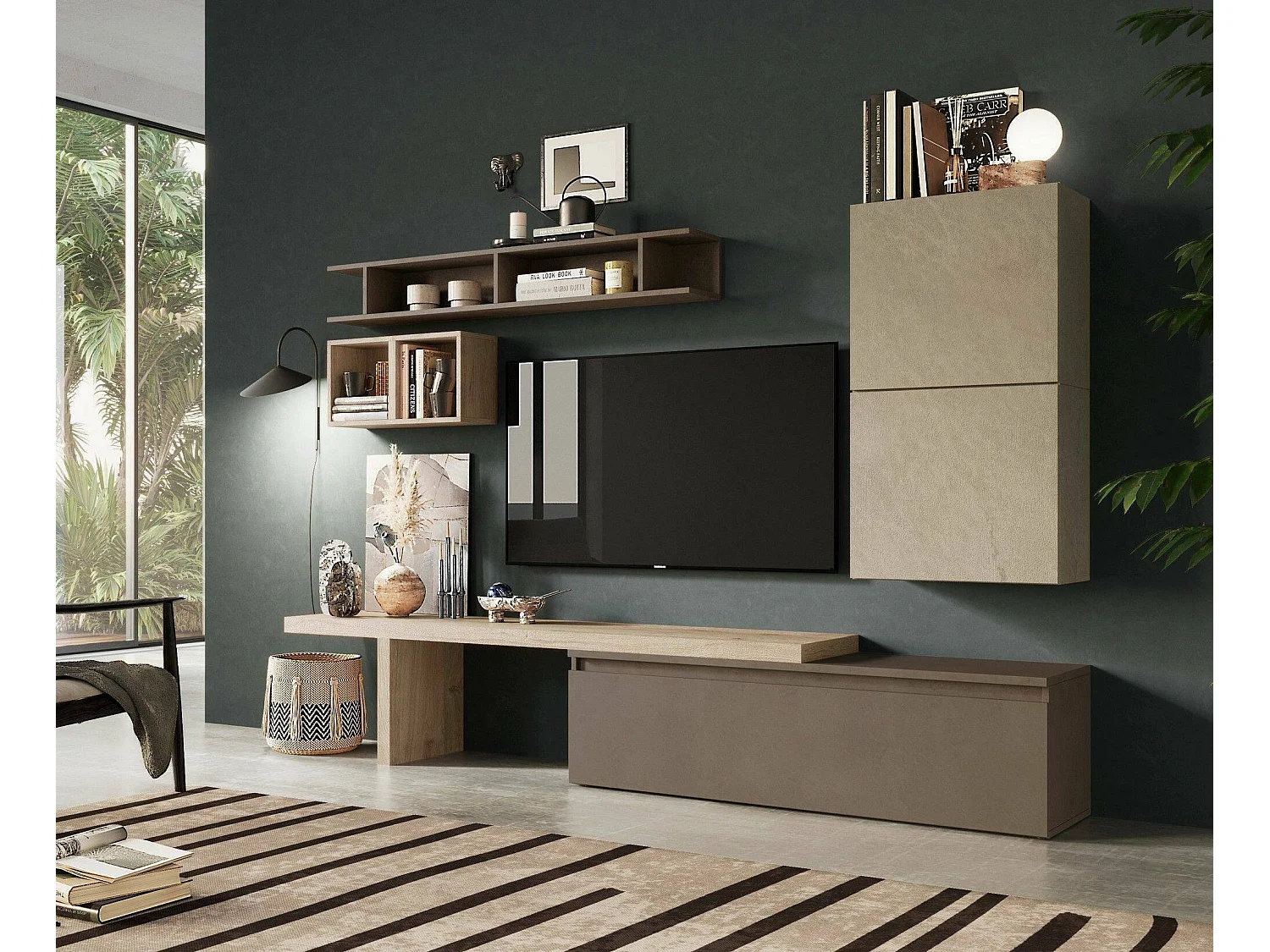 Pared Equipada Deaso, Composición de la sala de estar, Muebles de salón multiusos, Gabinete de TV, Made in Italy, 260x40 h190 cm, Nuez y Gris