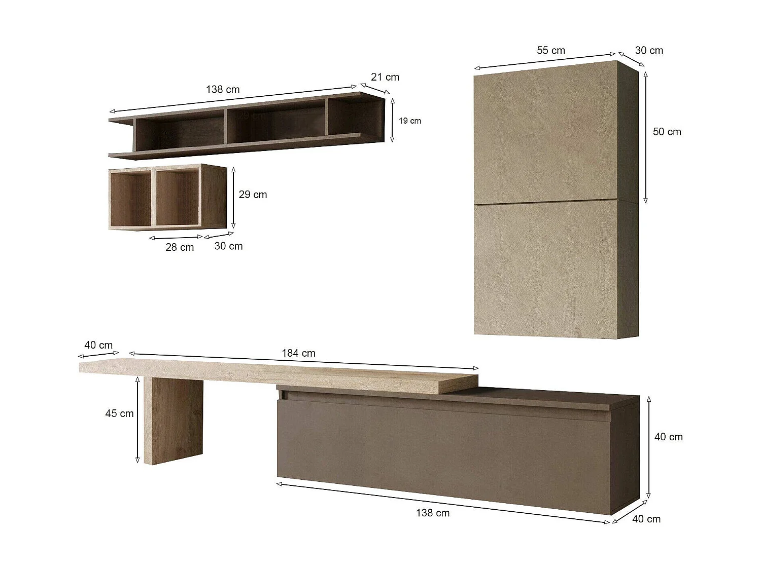 Pared Equipada Deaso, Composición de la sala de estar, Muebles de salón multiusos, Gabinete de TV, Made in Italy, 260x40 h190 cm, Nuez y Gris