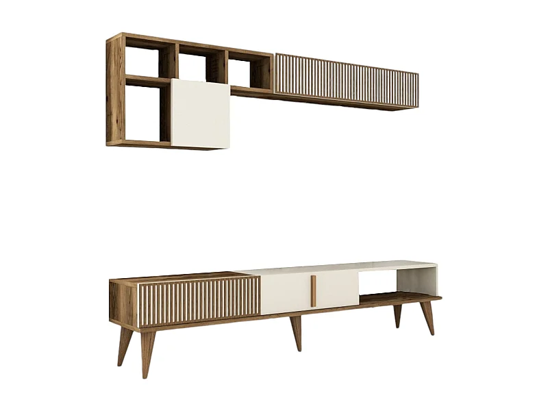 Meuble Mural Dpellicor, Composition du salon, Meubles de salon polyvalents, Meuble télé, 180x35 h40 cm, Noyer et Crème