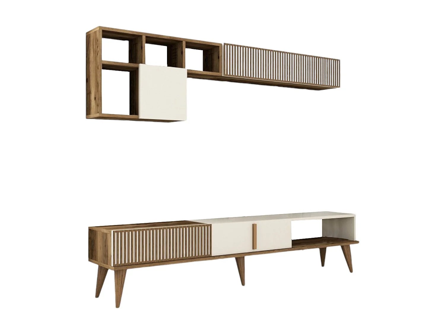 Sistema de parede Dpellicor, Composição da sala, Mobiliário multiusos para sala, Móvel TV, 180x35 h40 cm, Nogueira e Creme