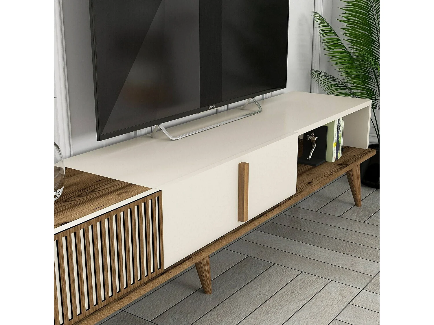 Sistema de parede Dpellicor, Composição da sala, Mobiliário multiusos para sala, Móvel TV, 180x35 h40 cm, Nogueira e Creme