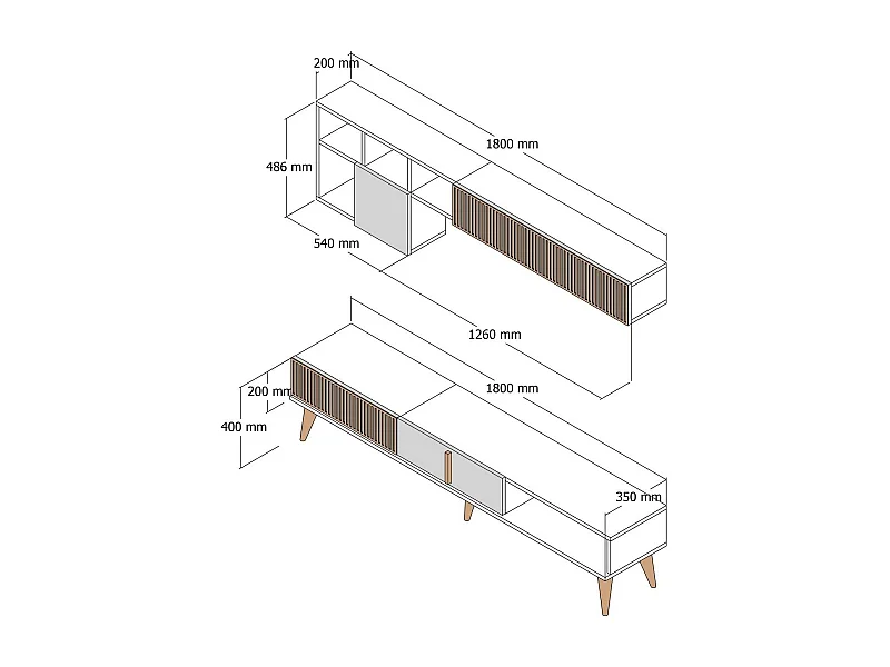 Meuble Mural Dpellicor, Composition du salon, Meubles de salon polyvalents, Meuble télé, 180x35 h40 cm, Noyer et Crème