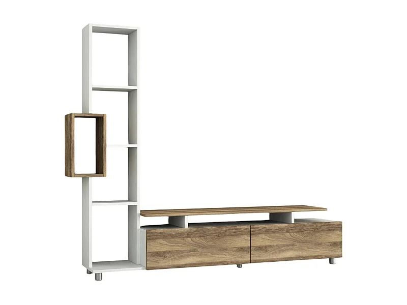 Pared Equipada Dkaczmarsk, Composición de la sala de estar, Muebles de salón multiusos, Gabinete de TV, 160x30 h167 cm, Blanco y Nogal