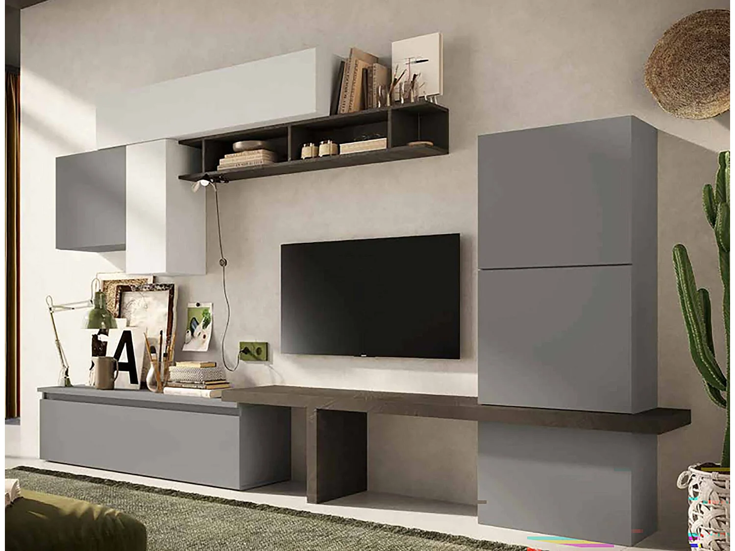 Sistema de parede Daccard, Composição da sala, Mobiliário multiusos para sala, Móvel de TV, Fabricado em Itália, 295x40 h192 cm, Ardósia e Cinza