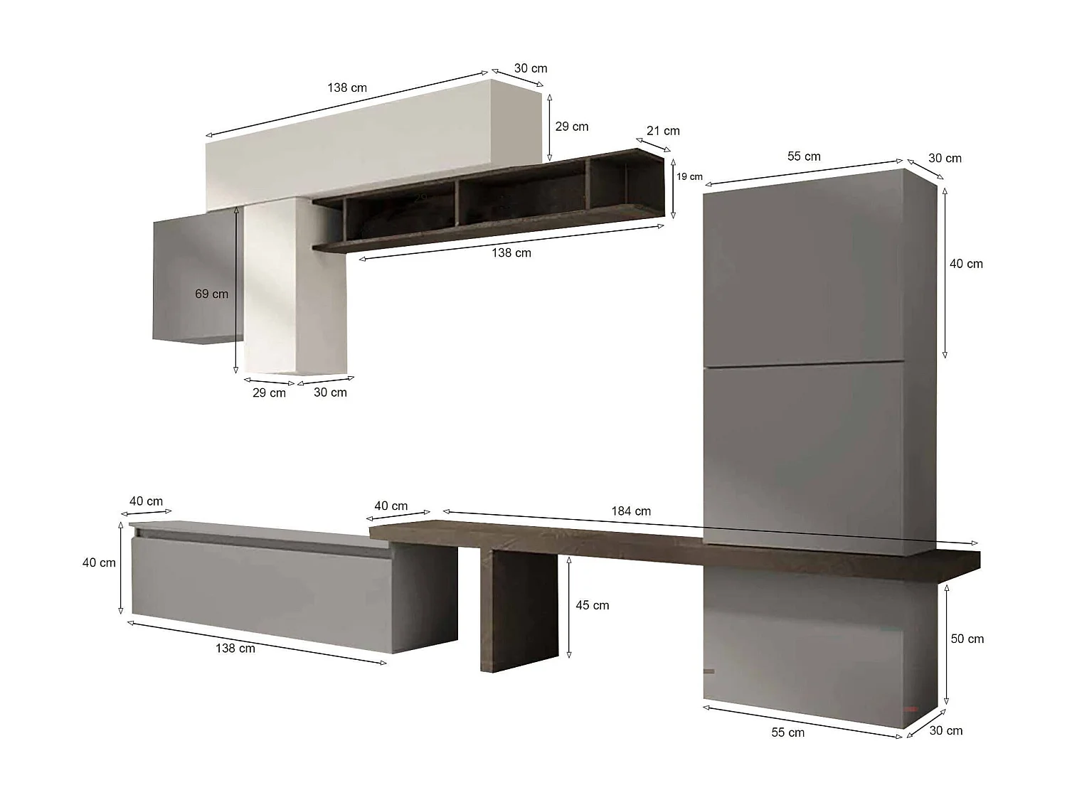 Sistema de parede Daccard, Composição da sala, Mobiliário multiusos para sala, Móvel de TV, Fabricado em Itália, 295x40 h192 cm, Ardósia e Cinza