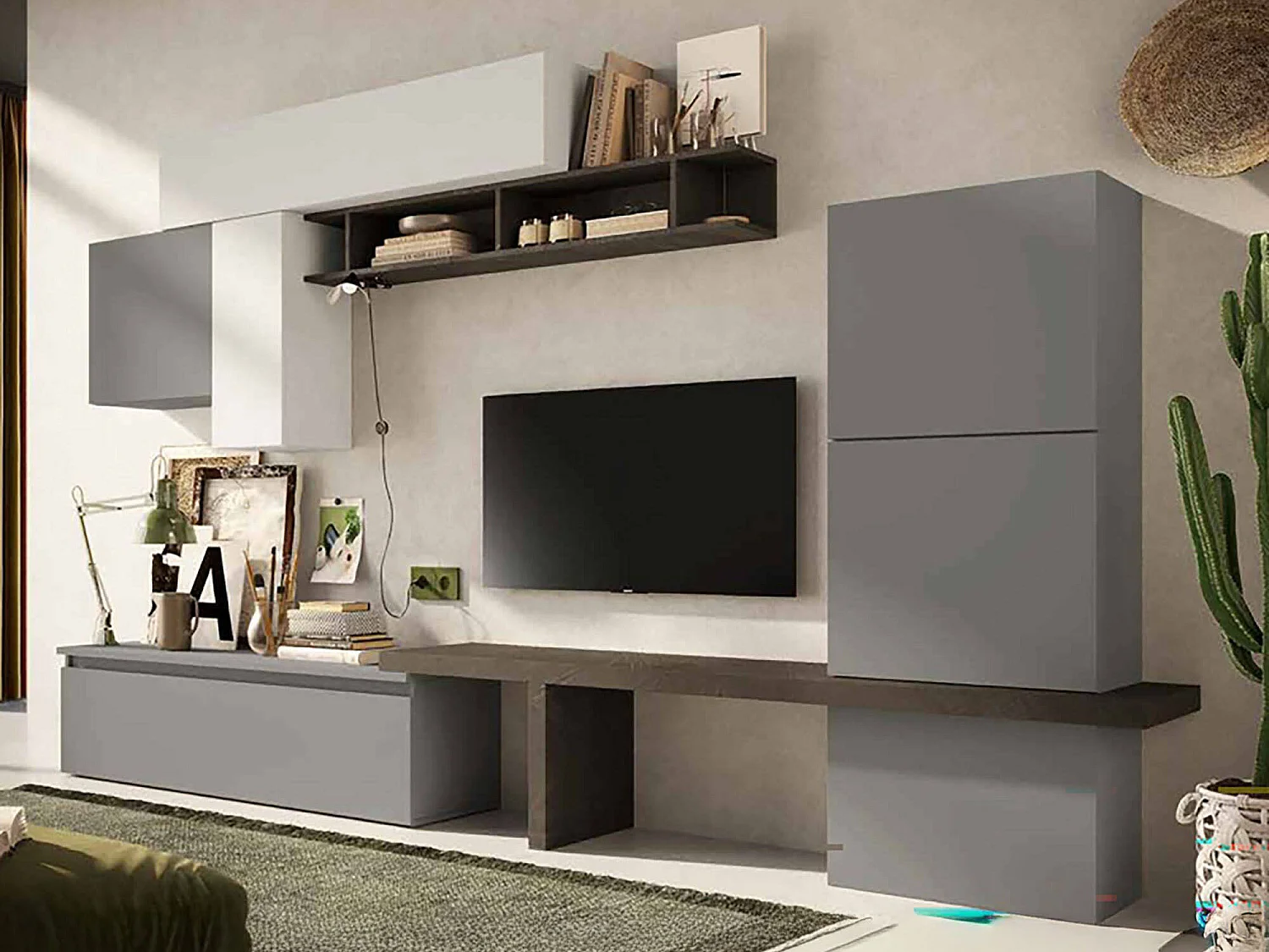 Sistema de parede Daccard, Composição da sala, Mobiliário multiusos para sala, Móvel de TV, Fabricado em Itália, 295x40 h192 cm, Ardósia e Cinza