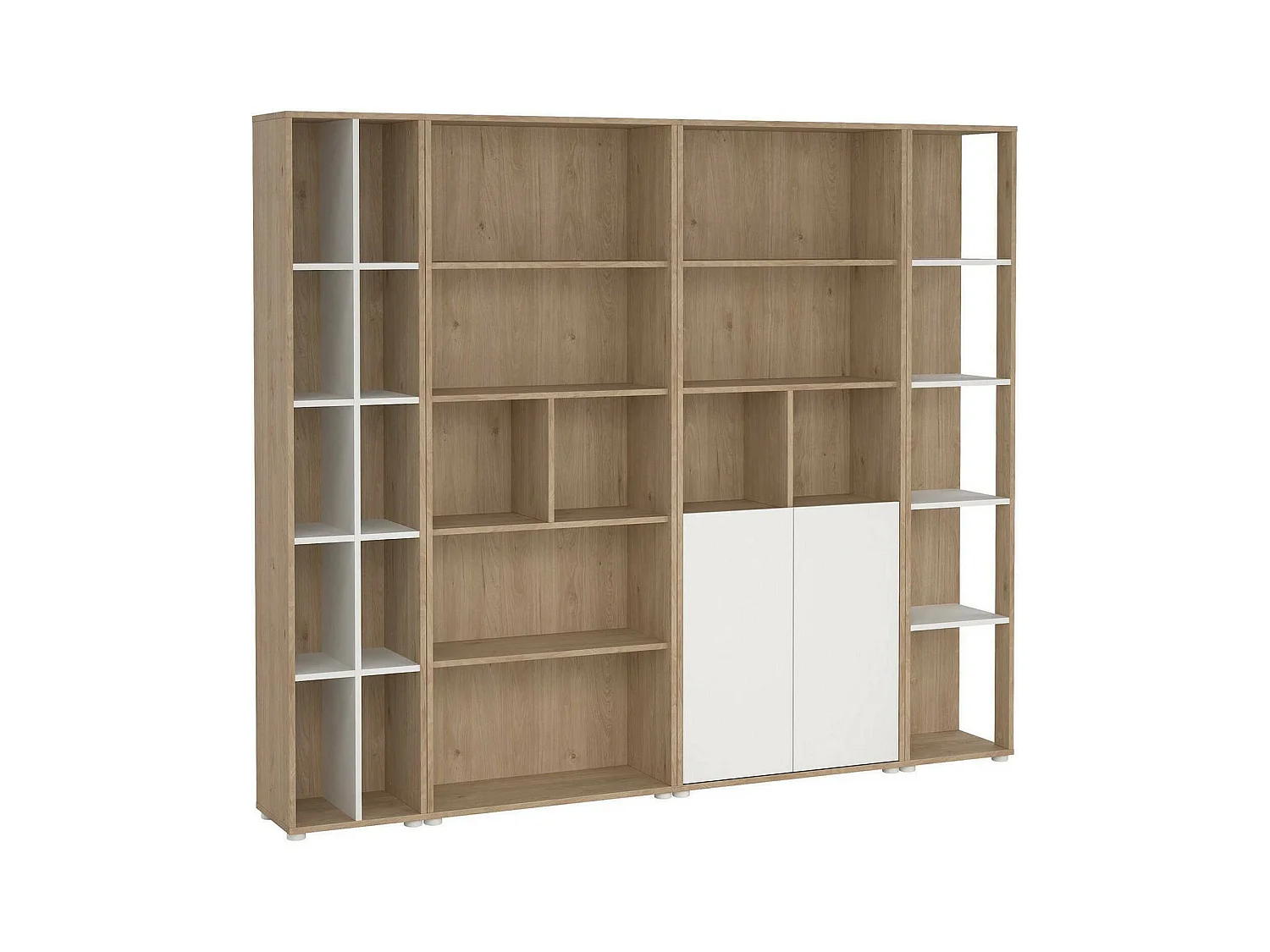 Pared Equipada Dtomeazz, Composición de la sala de estar, Muebles de salón multiusos, Gabinete de TV, 241x34 h205 cm, Roble y Blanco