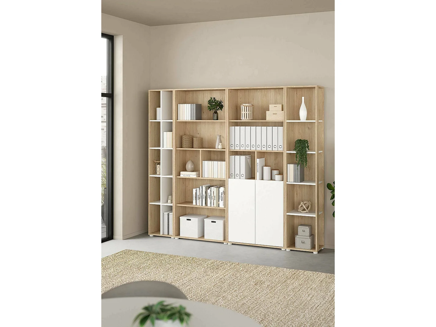 Sistema de parede Dtomeazz, Composição da sala, Mobiliário multiusos para sala, Móvel TV, 241x34 h205 cm, Carvalho e Branco