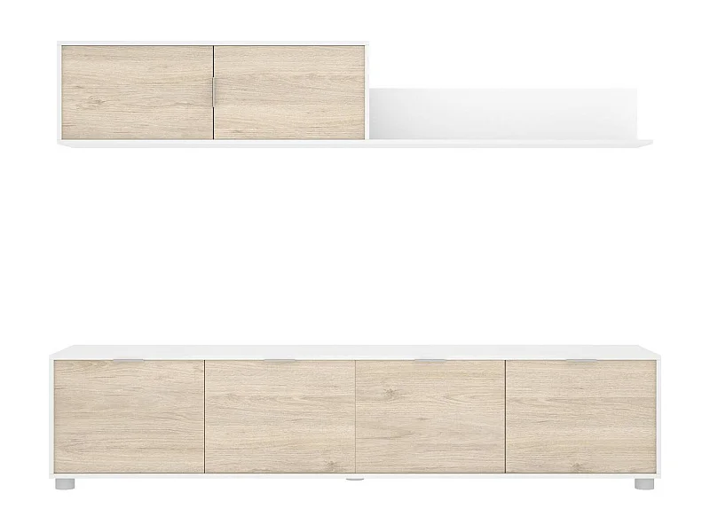 Wohnzimmermöbel Dva, Modulares Wohnzimmerset, Mehrzweck-Wohnzimmermöbel, Moderner TV-Schrank, 200x40 h43 cm, Weiß und Eiche