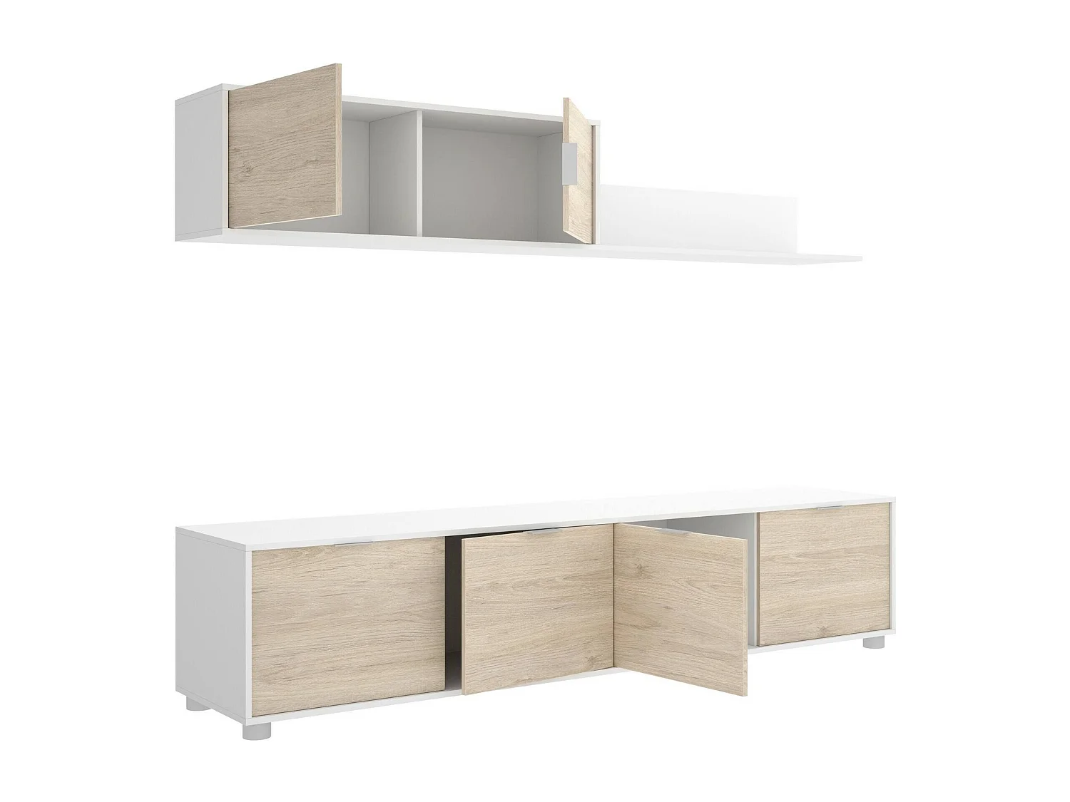 Pared Equipada Dva, Composición de la sala de estar, Muebles de salón multiusos, Gabinete de TV, 200x40 h43 cm, Blanco y Roble