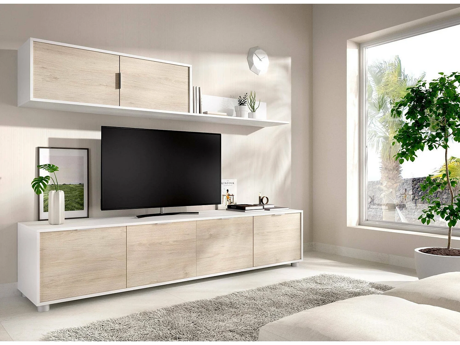 Pared Equipada Dva, Composición de la sala de estar, Muebles de salón multiusos, Gabinete de TV, 200x40 h43 cm, Blanco y Roble