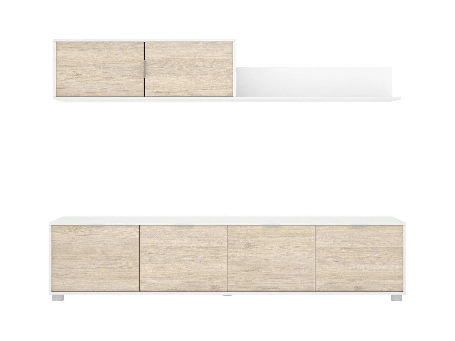 Meuble Mural Dva, Composition du salon, Meubles de salon polyvalents, Meuble télé, 200x40 h43 cm, Blanc et Chêne clair