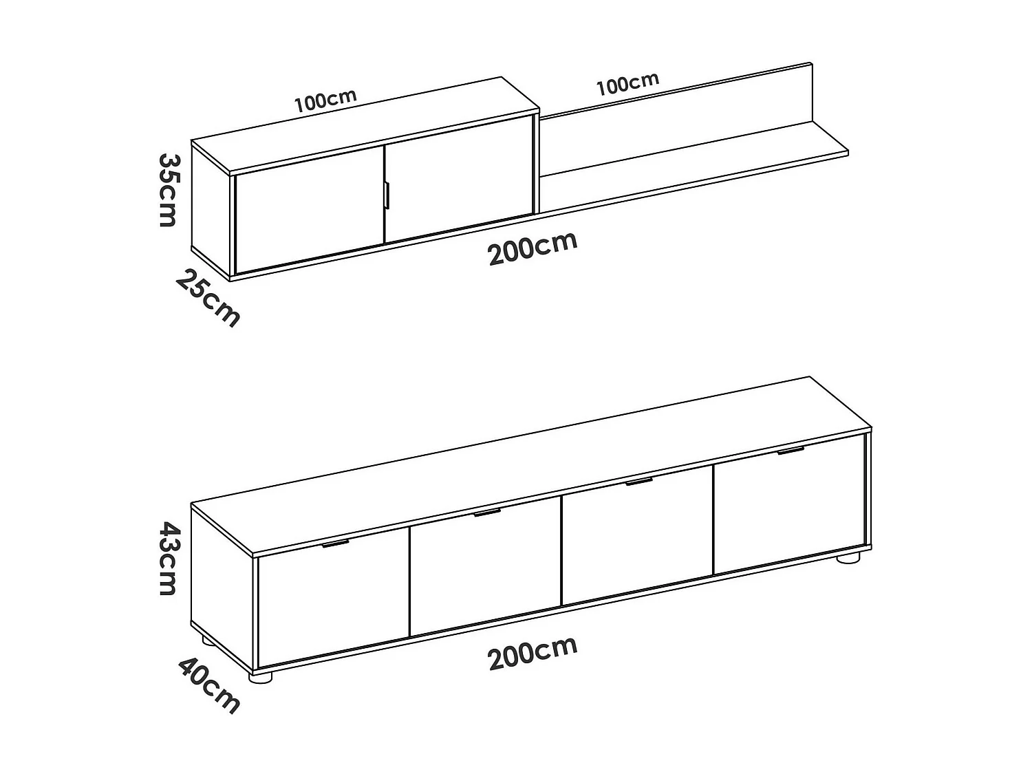 Meuble Mural Dva, Composition du salon, Meubles de salon polyvalents, Meuble télé, 200x40 h43 cm, Blanc et Chêne clair