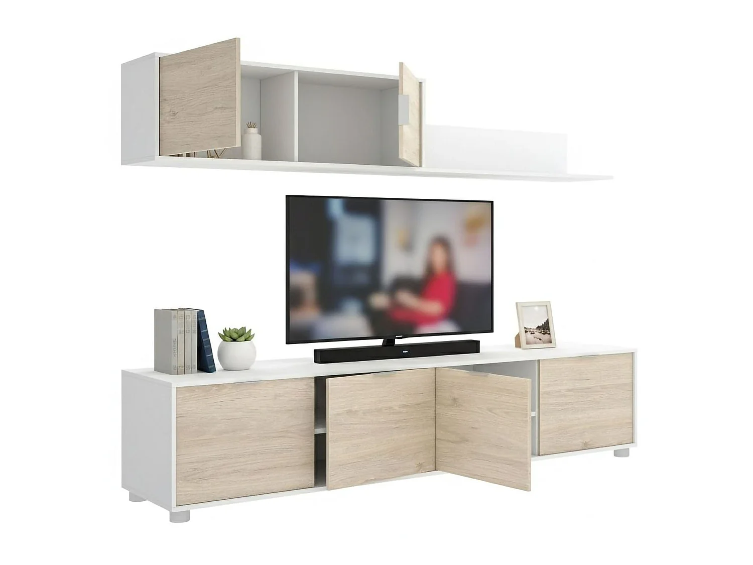 Meuble Mural Dva, Composition du salon, Meubles de salon polyvalents, Meuble télé, 200x40 h43 cm, Blanc et Chêne clair