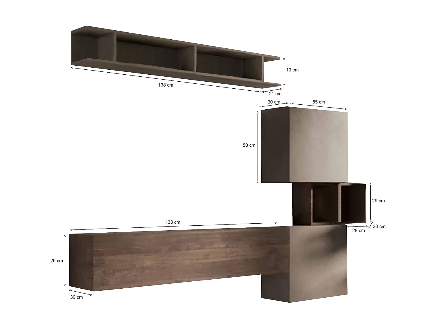 Meuble Mural Damat, Composition du salon, Meubles de salon polyvalents, Meuble télé, Made in Italy, 215x30 h190 cm, Noyer et Gris