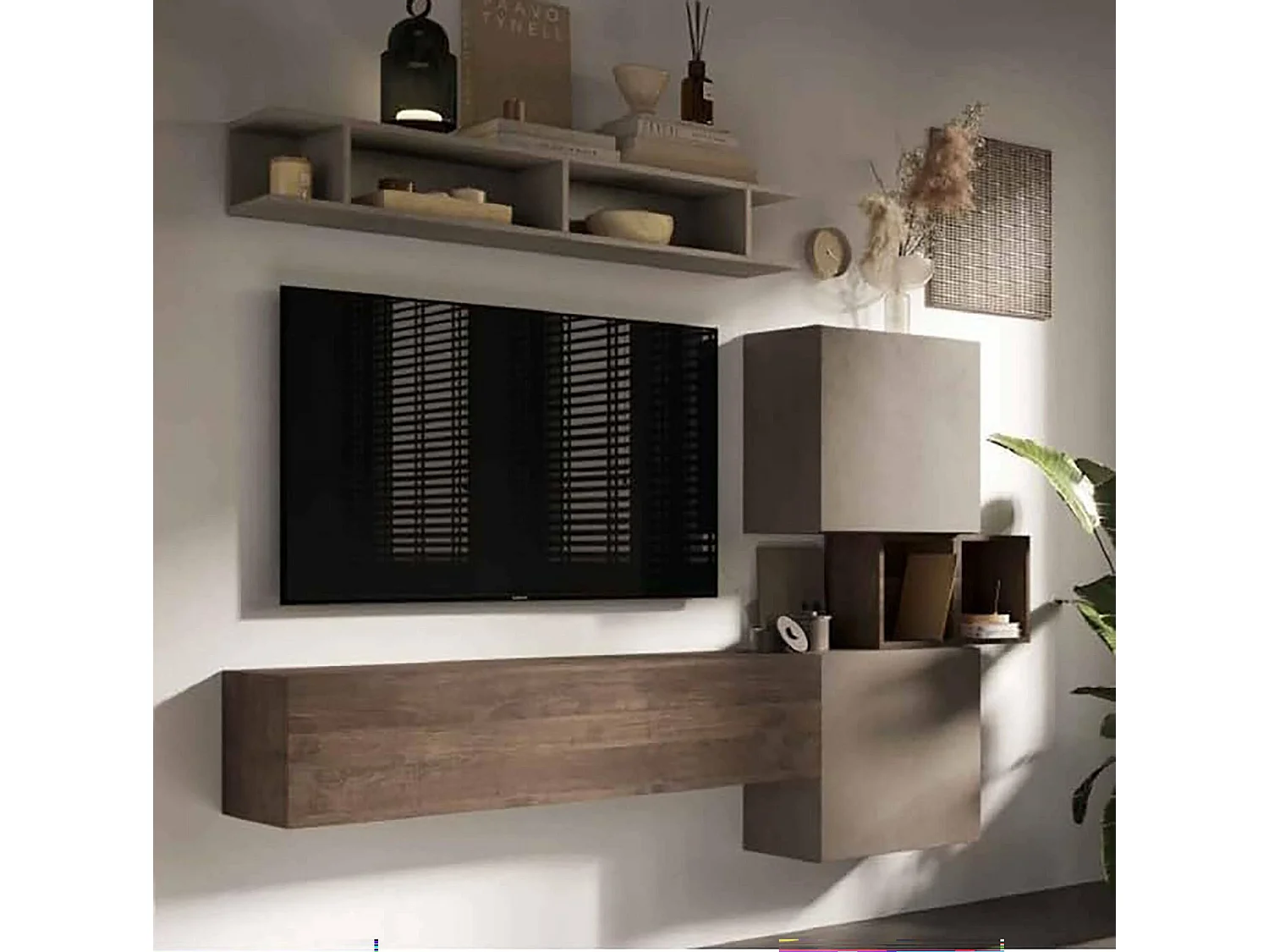 Meuble Mural Damat, Composition du salon, Meubles de salon polyvalents, Meuble télé, Made in Italy, 215x30 h190 cm, Noyer et Gris