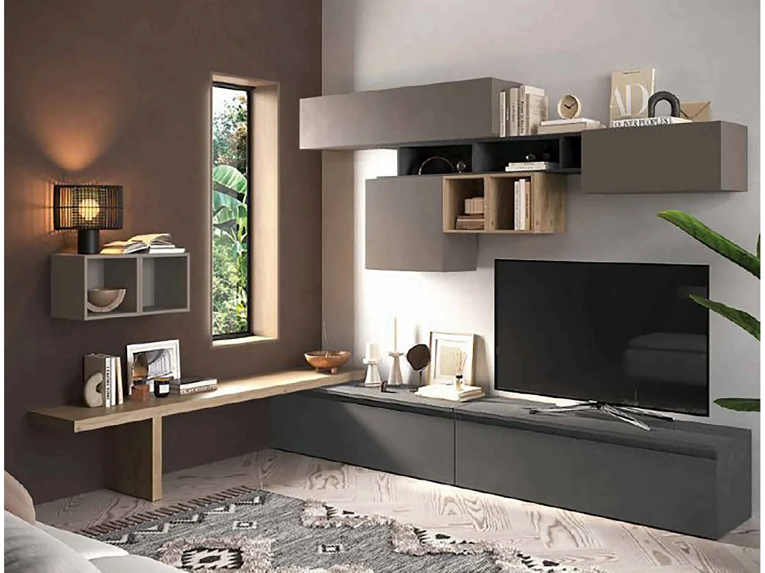 Sistema de parede Ddelprat, Composição da sala, Móveis multiusos para sala, Móvel de TV, Fabricado em Itália, 276x40 h200 cm, Cinza escuro e cinza