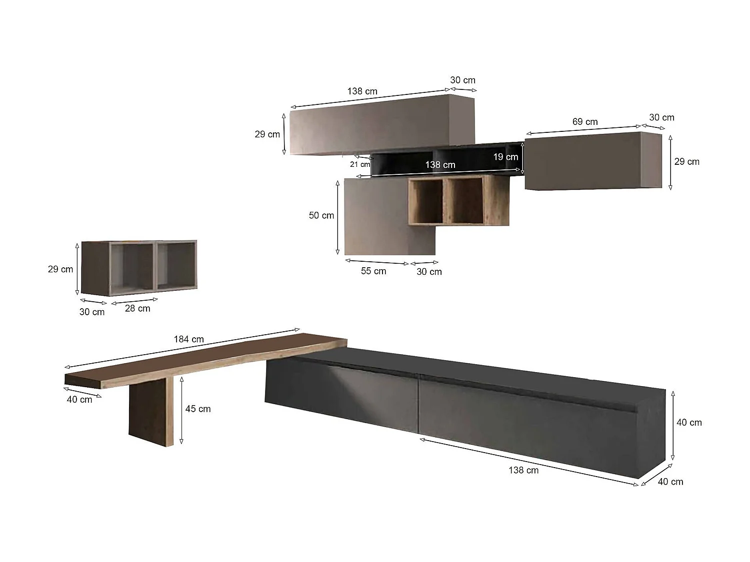 Sistema de parede Ddelprat, Composição da sala, Móveis multiusos para sala, Móvel de TV, Fabricado em Itália, 276x40 h200 cm, Cinza escuro e cinza