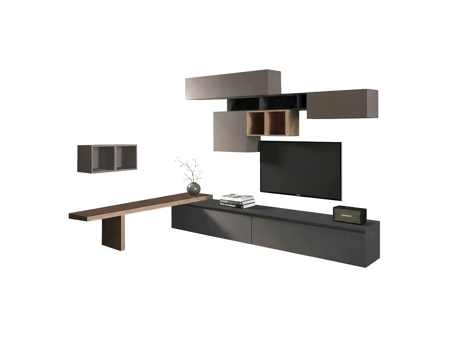 Sistema de parede Ddelprat, Composição da sala, Móveis multiusos para sala, Móvel de TV, Fabricado em Itália, 276x40 h200 cm, Cinza escuro e cinza