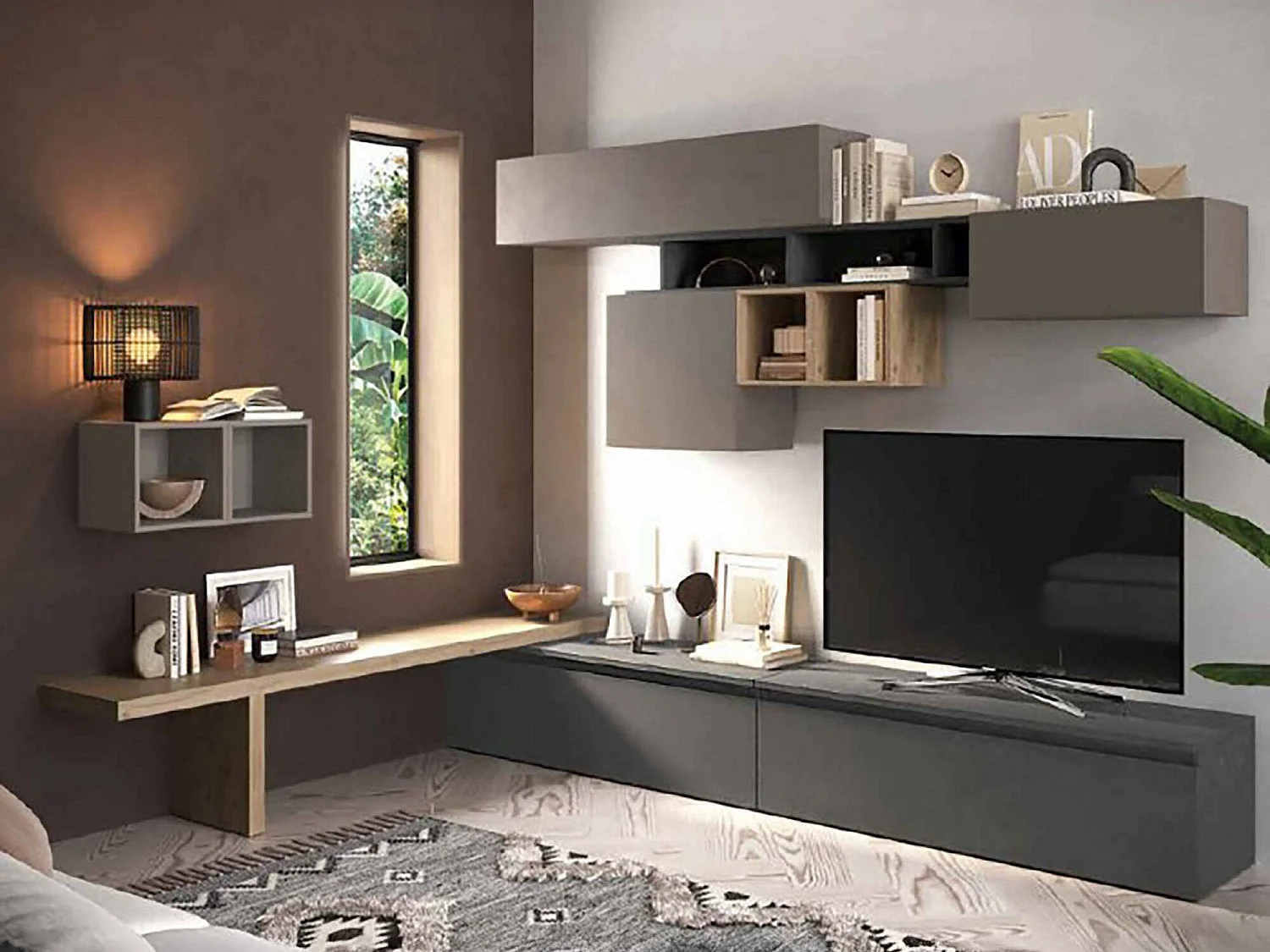 Sistema de parede Ddelprat, Composição da sala, Móveis multiusos para sala, Móvel de TV, Fabricado em Itália, 276x40 h200 cm, Cinza escuro e cinza