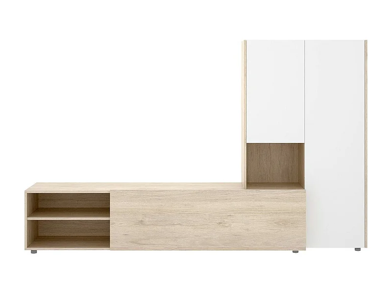 Pared Equipada Dhughe, Composición de la sala de estar, Muebles de salón multiusos, Gabinete de TV, 227x40 h141 cm, Blanco y Roble