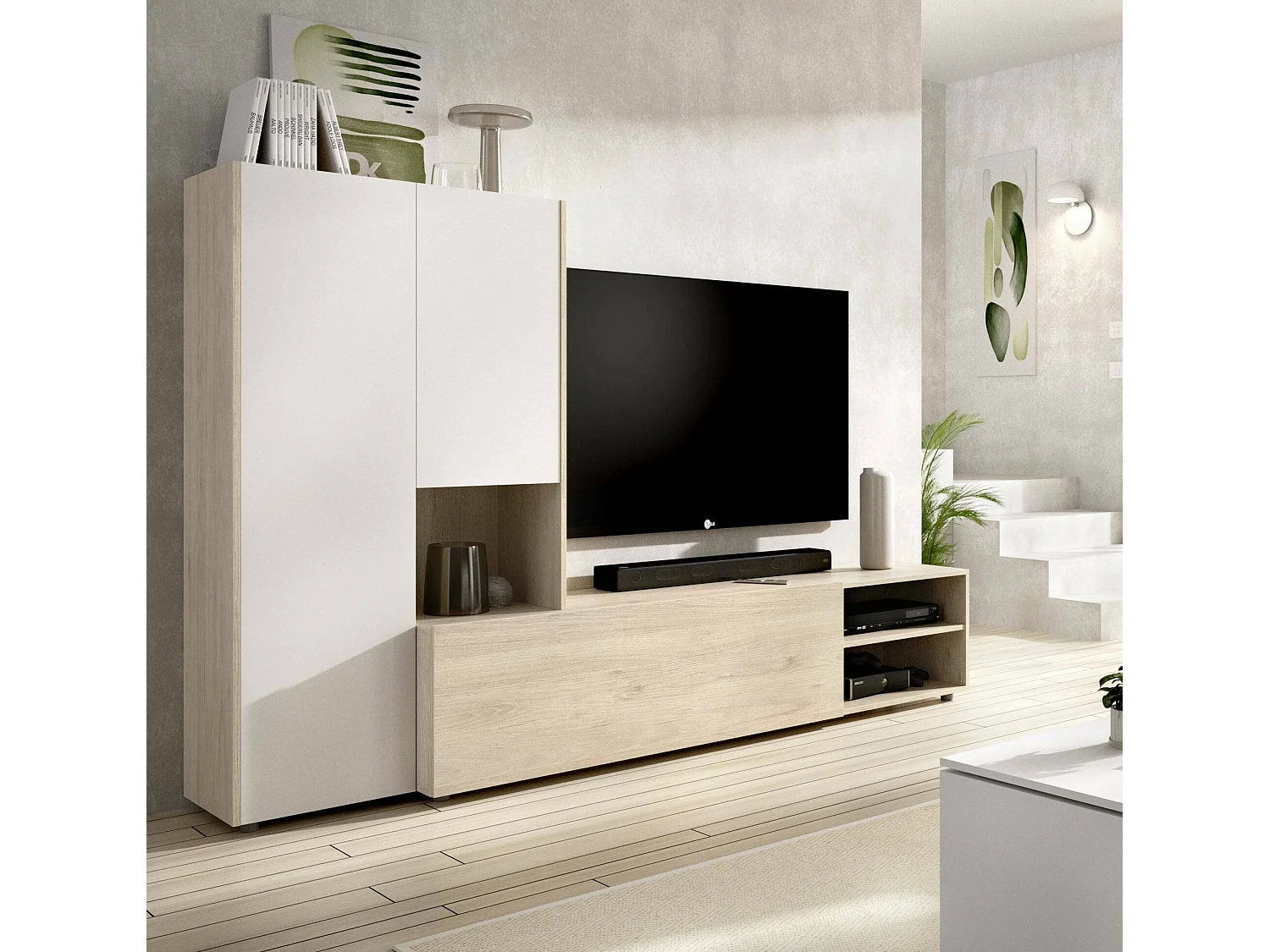 Meuble Mural Dhughe, Composition du salon, Meubles de salon polyvalents, Meuble télé, 227x40 h141 cm, Blanc et Chêne clair