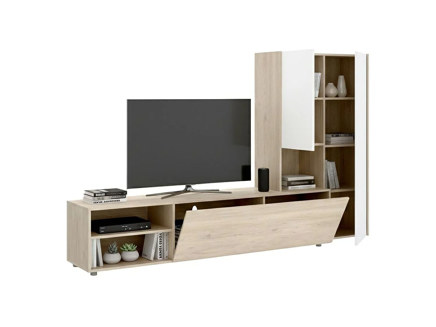 Pared Equipada Dhughe, Composición de la sala de estar, Muebles de salón multiusos, Gabinete de TV, 227x40 h141 cm, Blanco y Roble